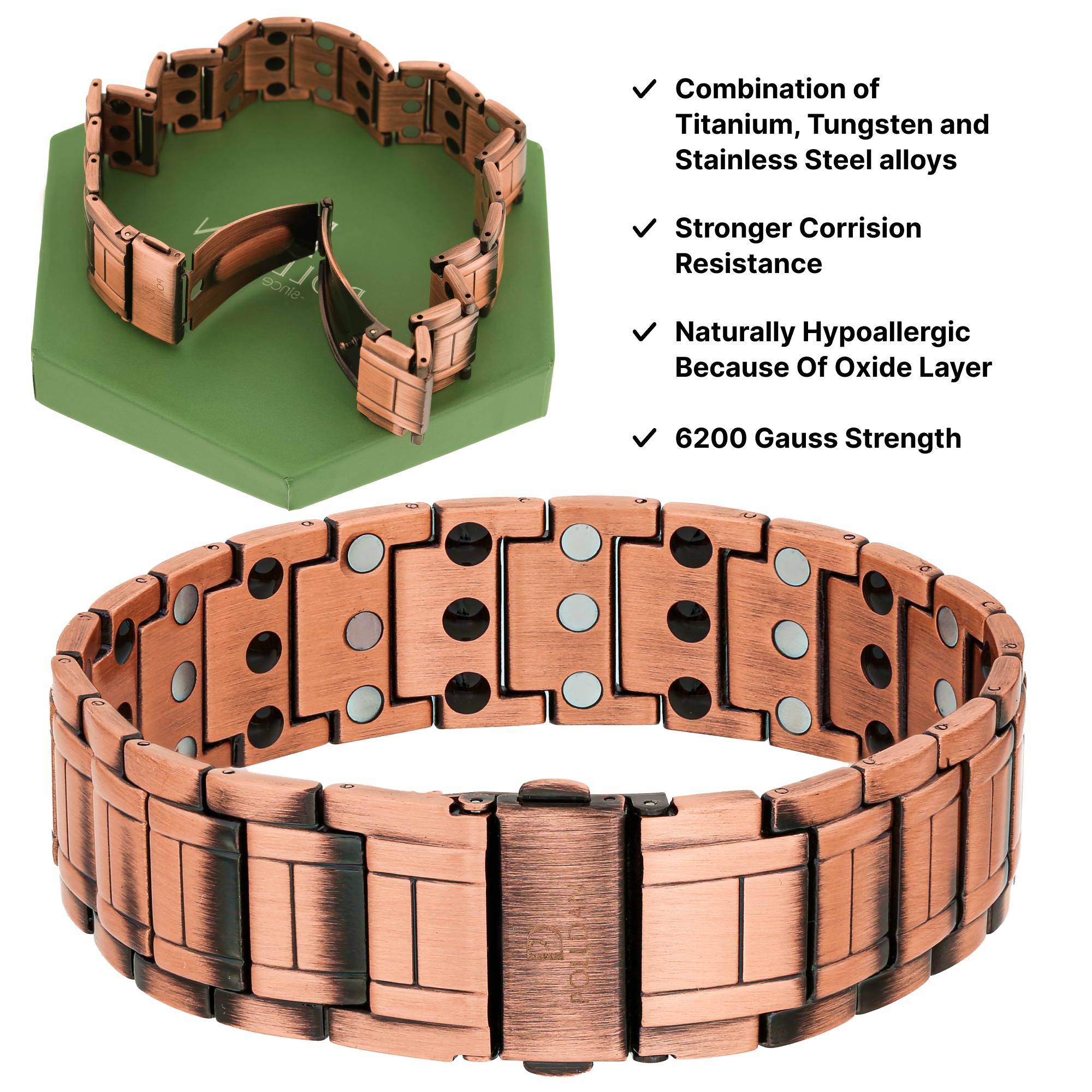 Polldan Copper Magnetic Bracelet For Men | 3X Power (6200 Gauss)
