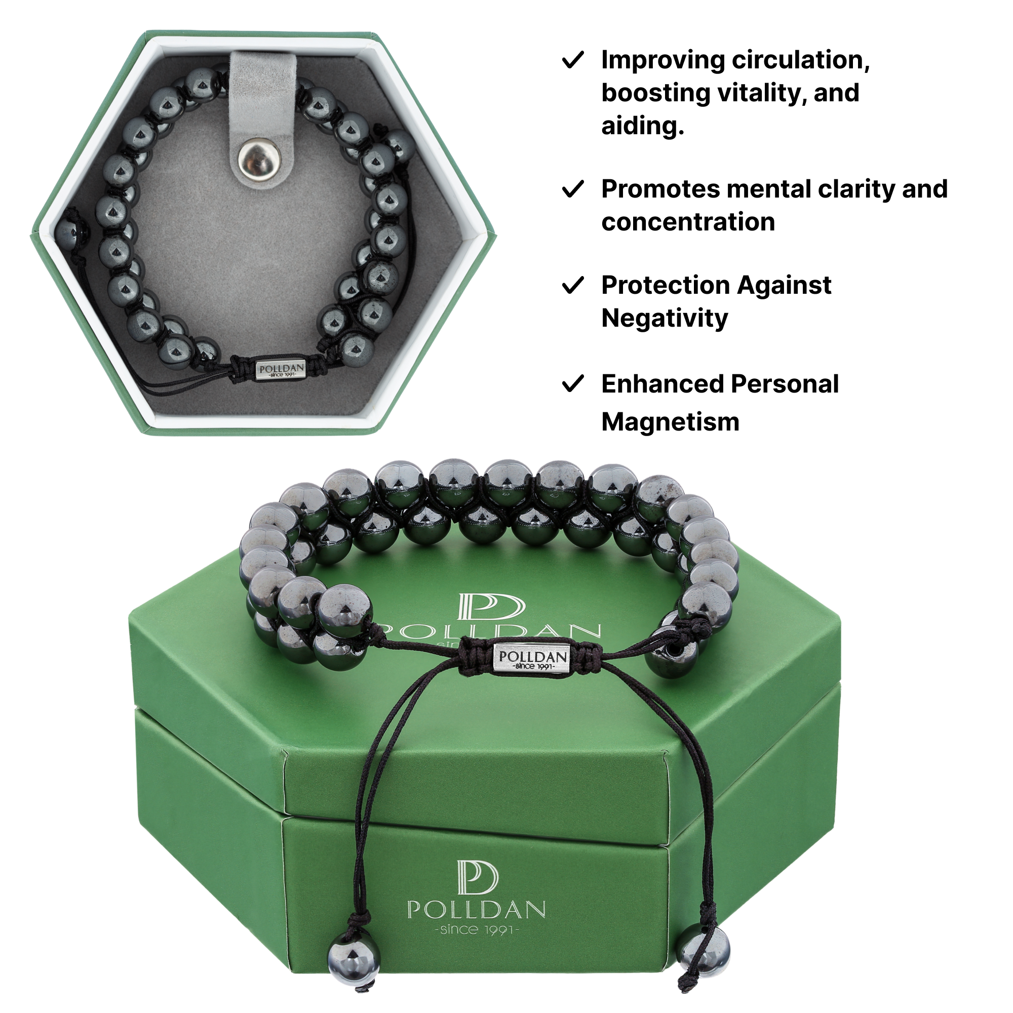 Polldan Hematite Bracelet For Men, Women - Grounding & Strength Energy