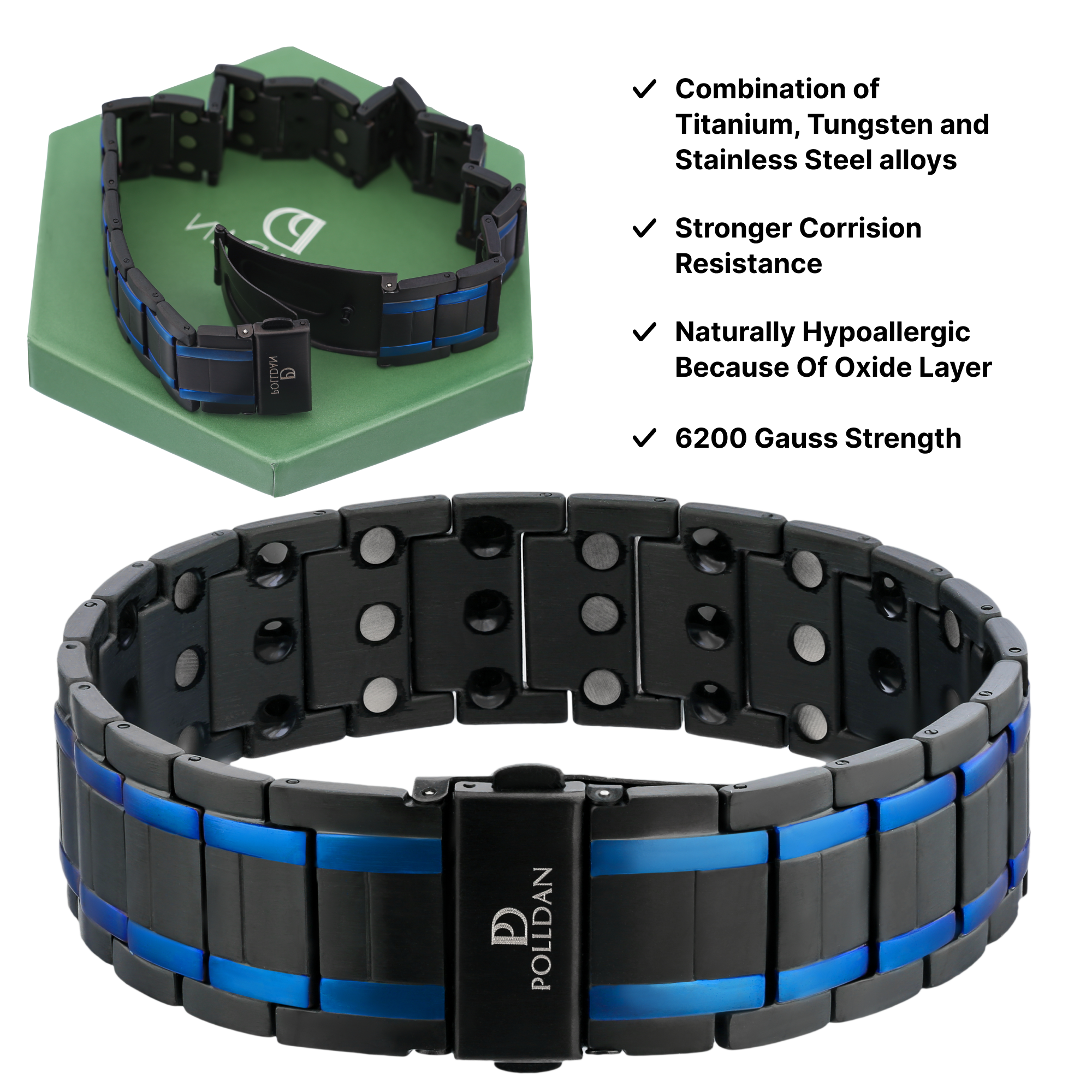 Polldan Magnetic Bracelets For Men 3X Power - 6200 Gauss (Black-Blue)