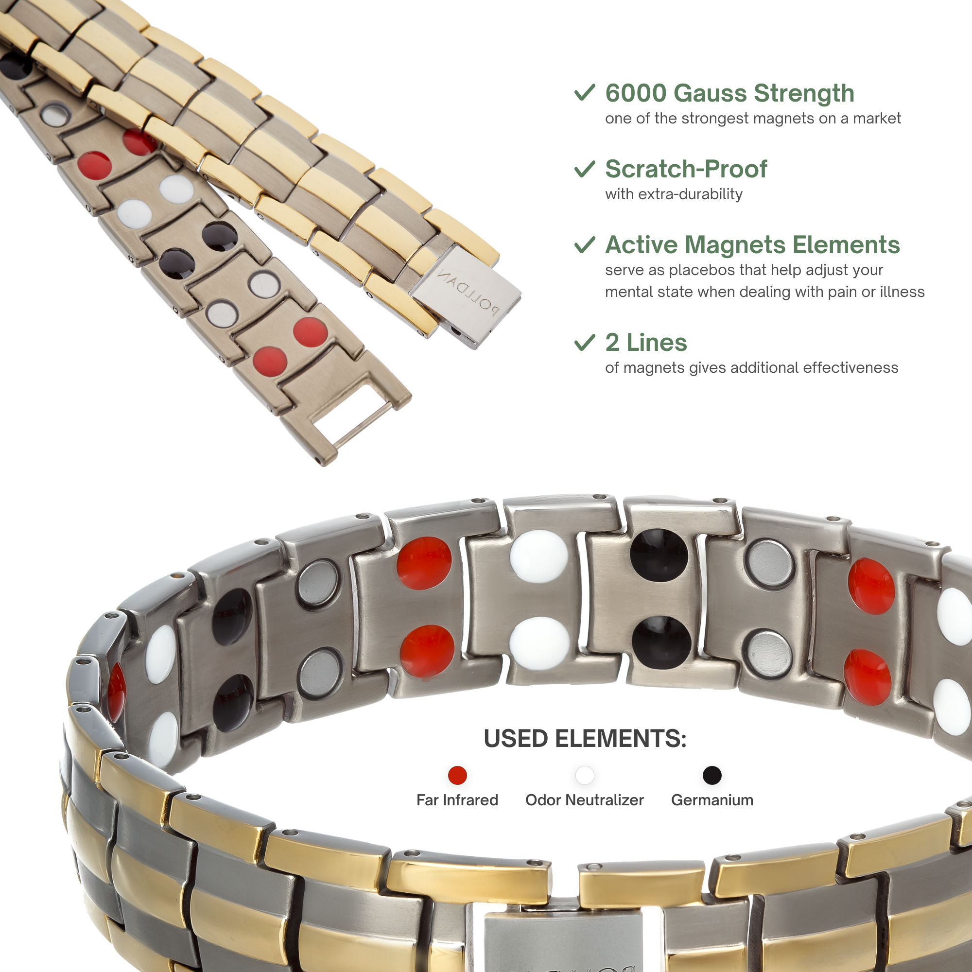 Polldan Magnetic Bracelets For Women - 6000 Gauss Natural Pain Relief (Silver-Gold)