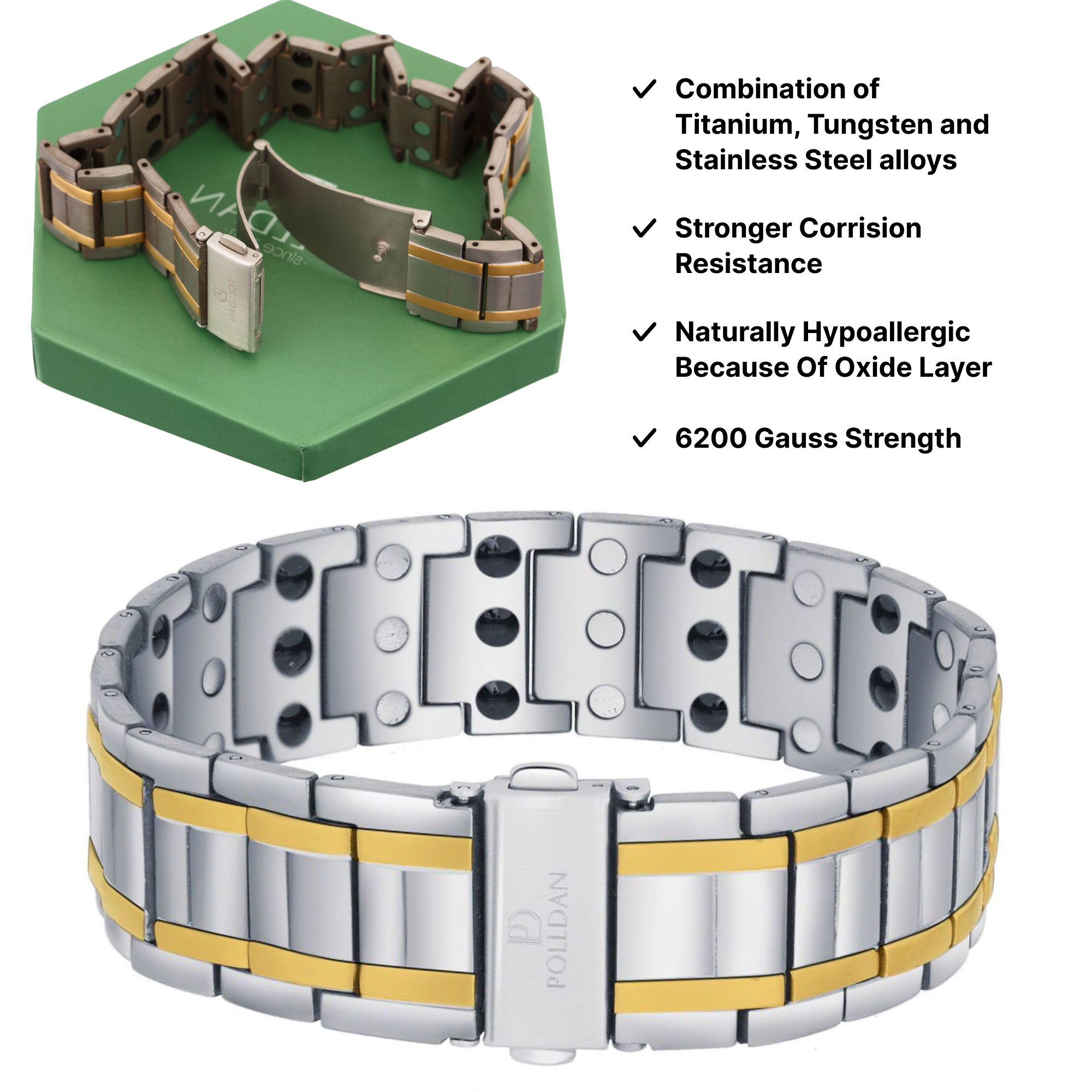 Polldan Magnetic Bracelets For Men 3X Power - 6200 Gauss (Silver-Gold)