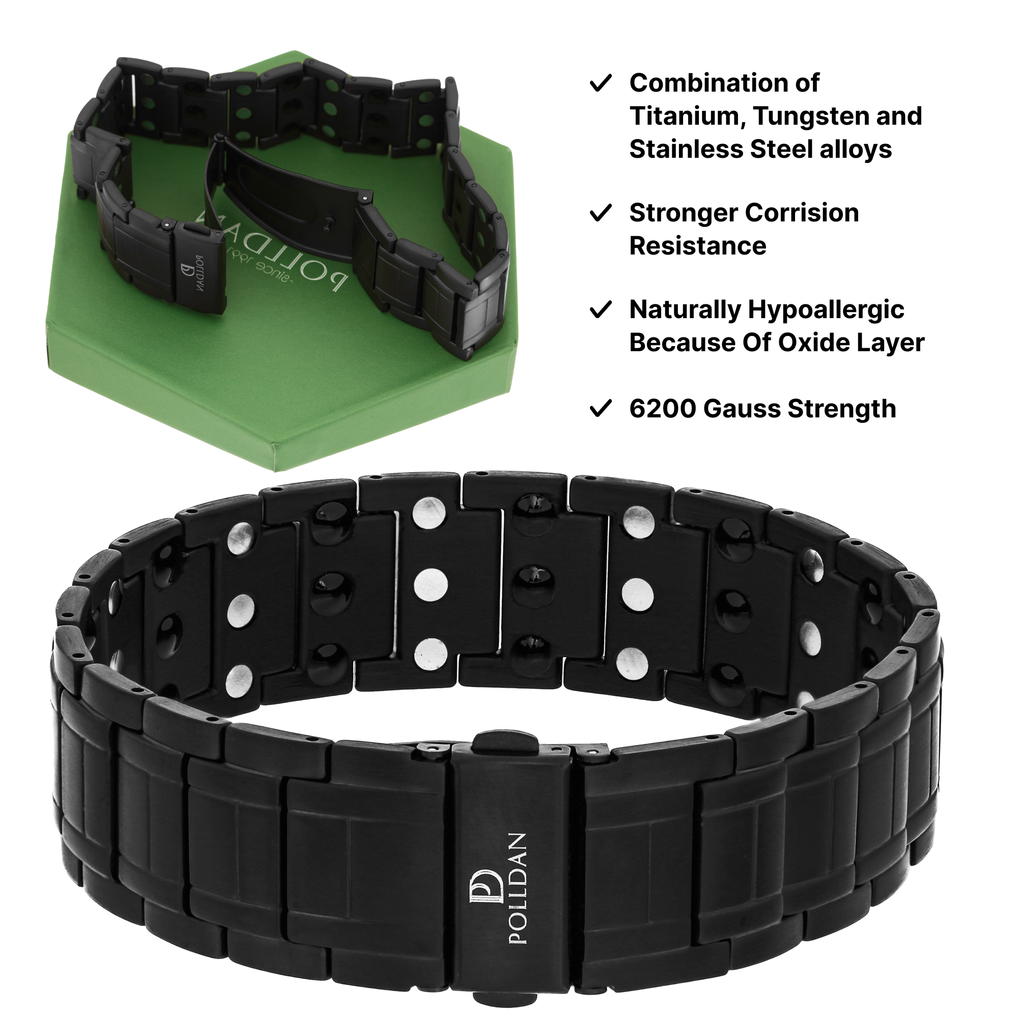 Polldan Magnetic Bracelets For Men 3X Power - 6200 Gauss (Night Black)
