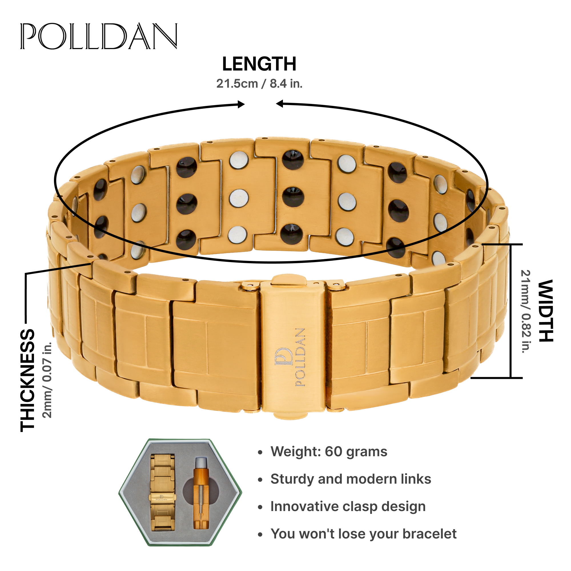 Polldan Magnetic Bracelets For Men 3X Power - 6200 Gauss (Pure Gold)