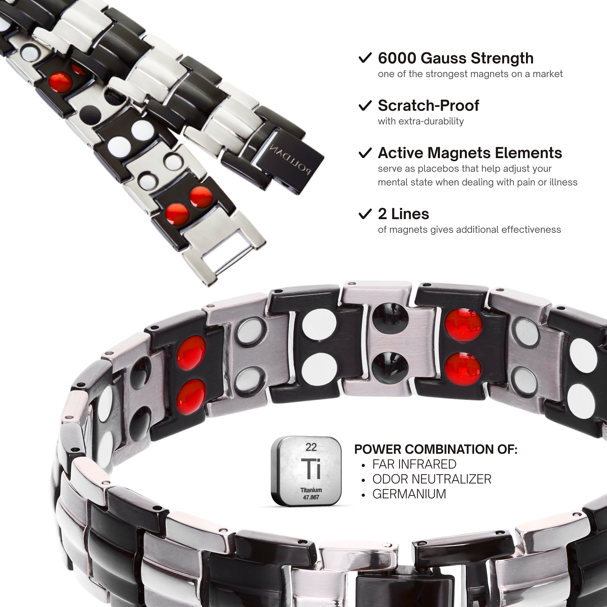 Polldan Magnetic Bracelets For Men 6000 Gauss Power | Mens Bracelet (Silver-Black)