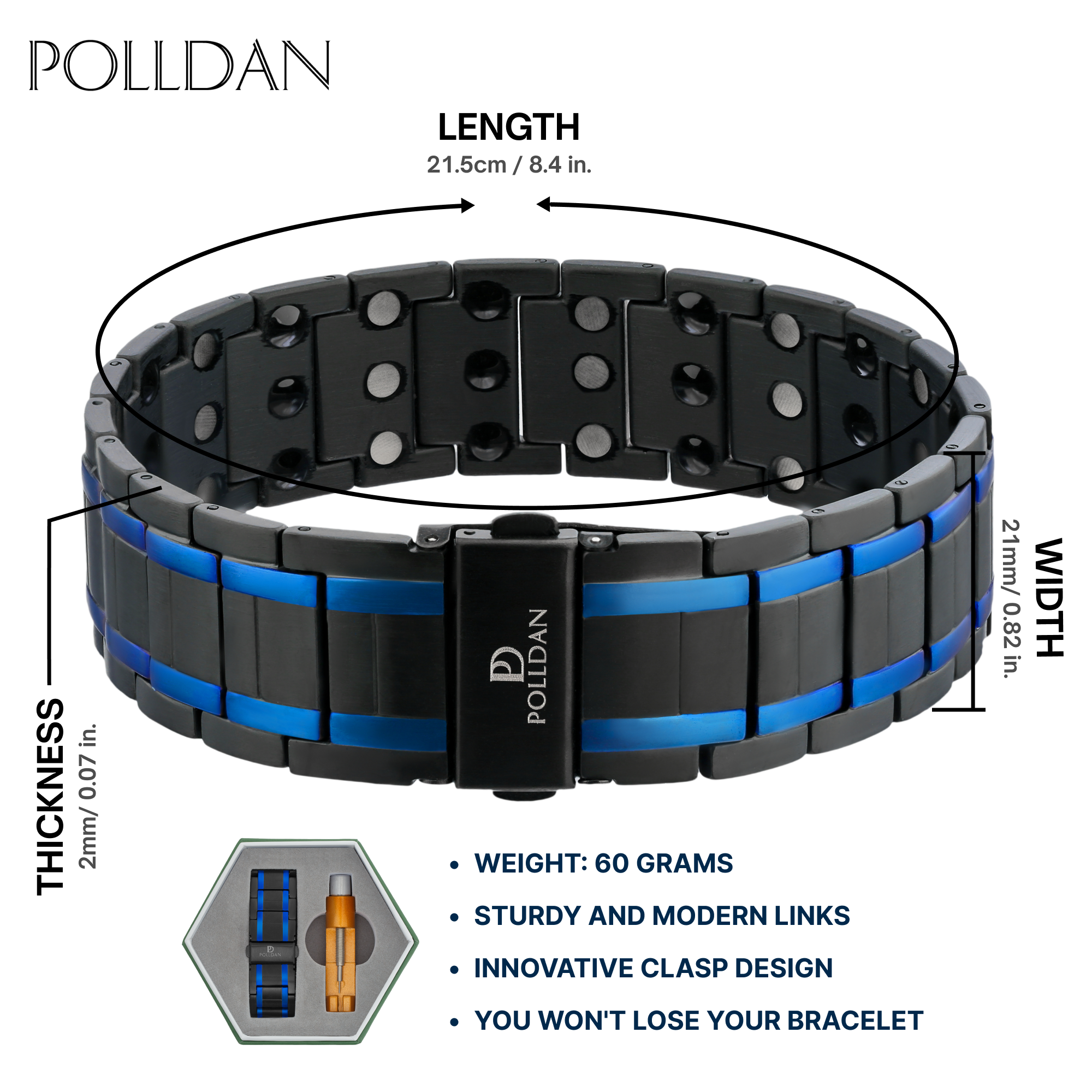 Polldan Magnetic Bracelets For Men 3X Power - 6200 Gauss (Black-Blue)