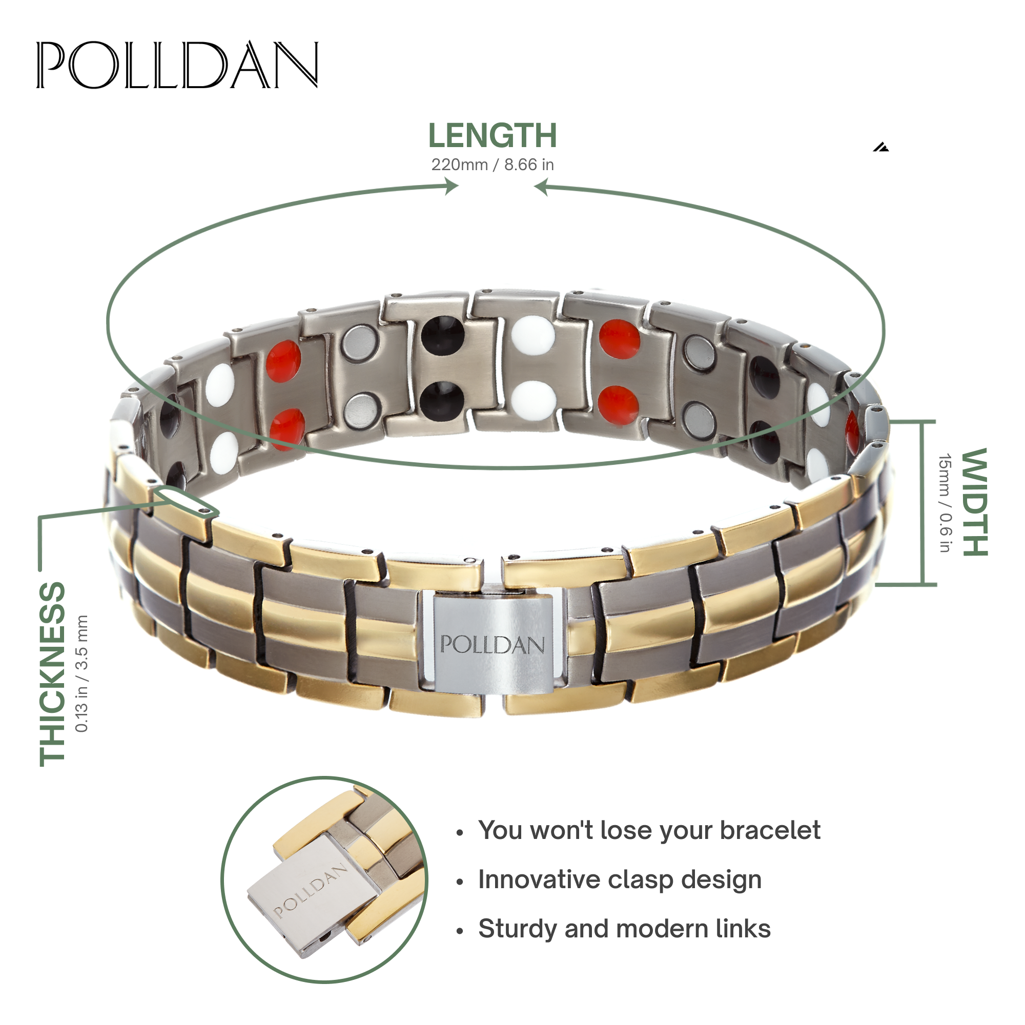 Polldan Magnetic Bracelets For Women - 6000 Gauss Natural Pain Relief (Silver-Gold)