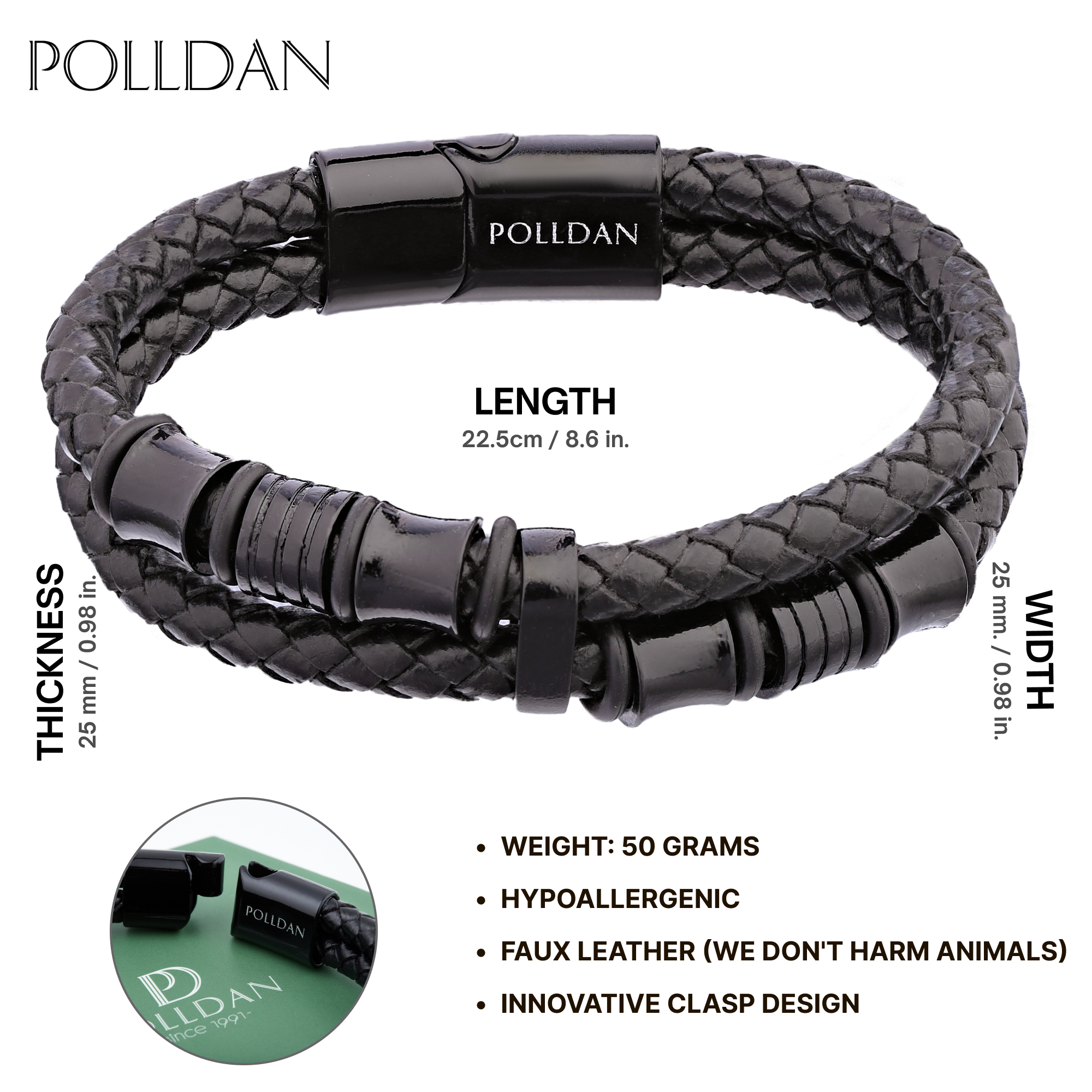 Polldan Premium Men's Leather Bracelet - Modern Black Style
