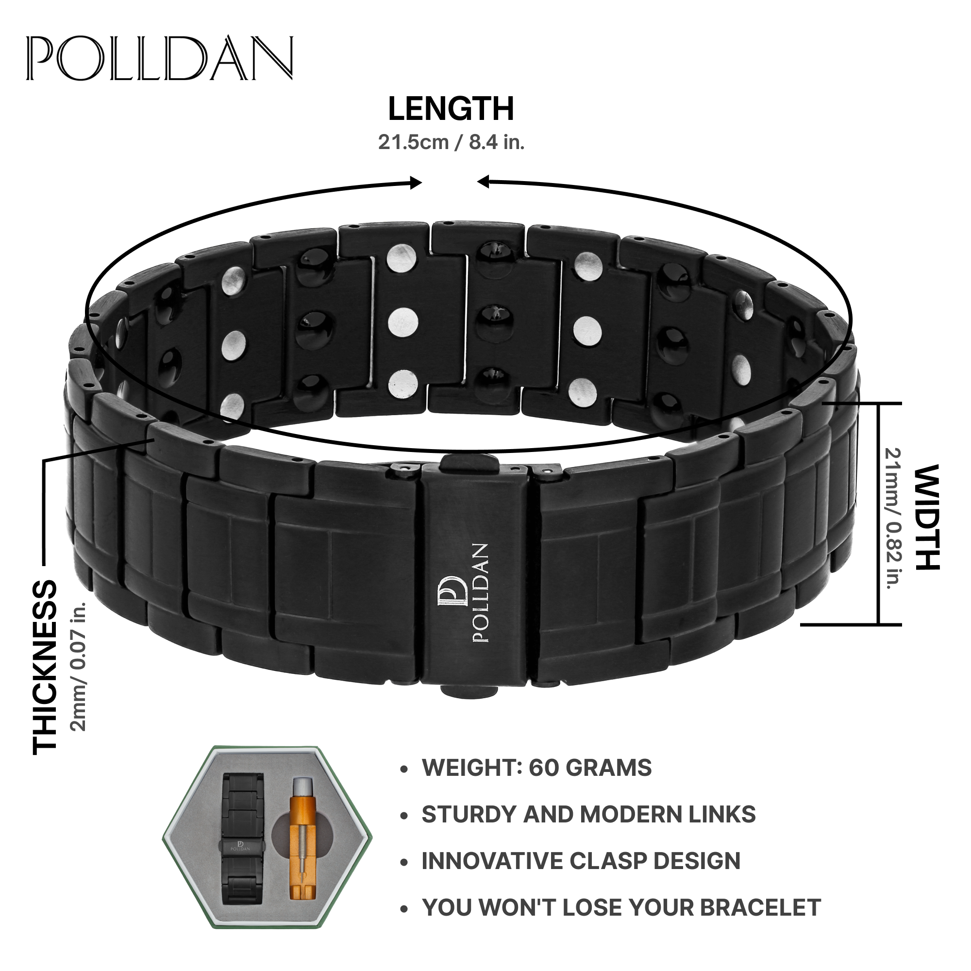 Polldan Magnetic Bracelets For Men 3X Power - 6200 Gauss (Night Black)