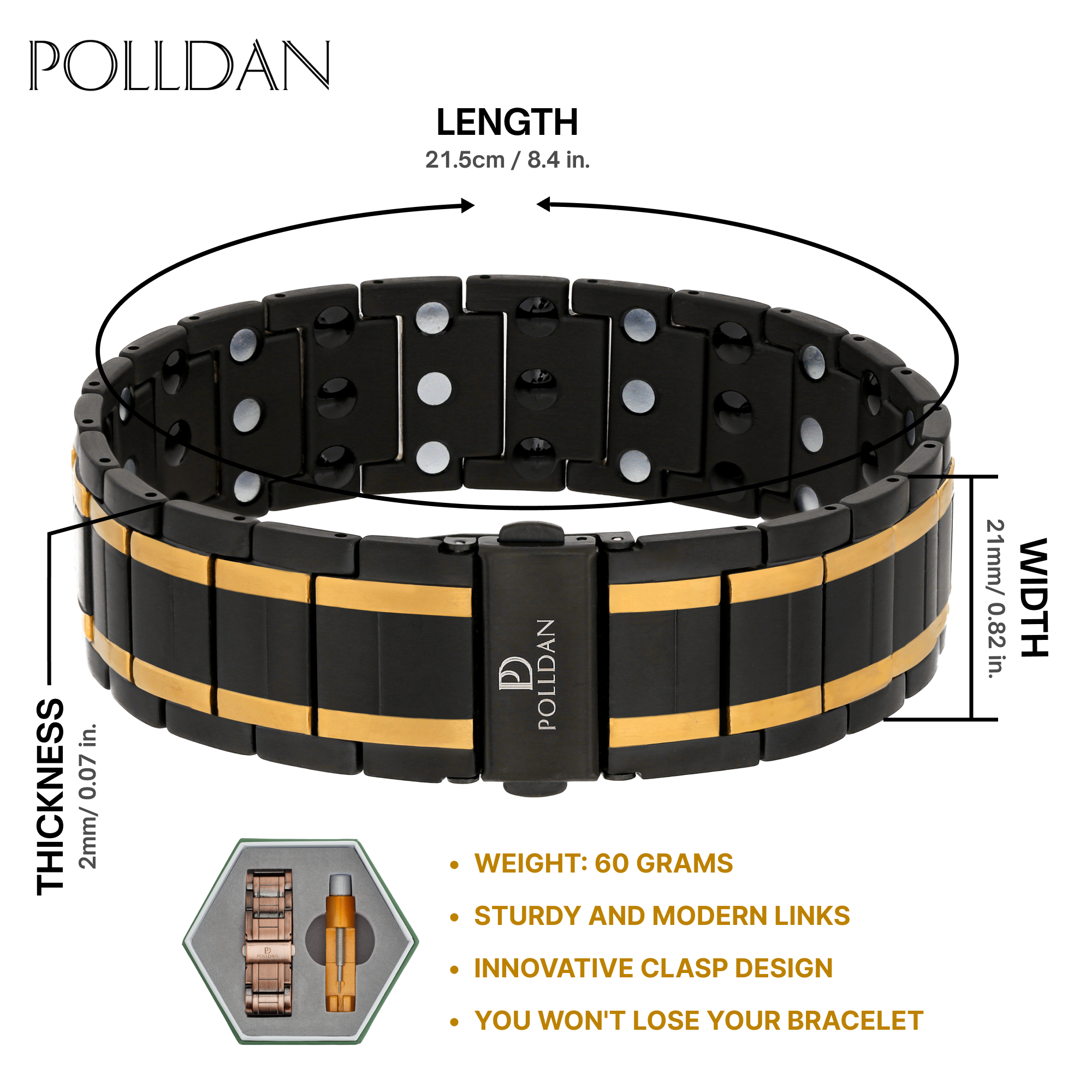 Polldan Magnetic Bracelets For Men 3X Power - 6200 Gauss (Black-Gold)