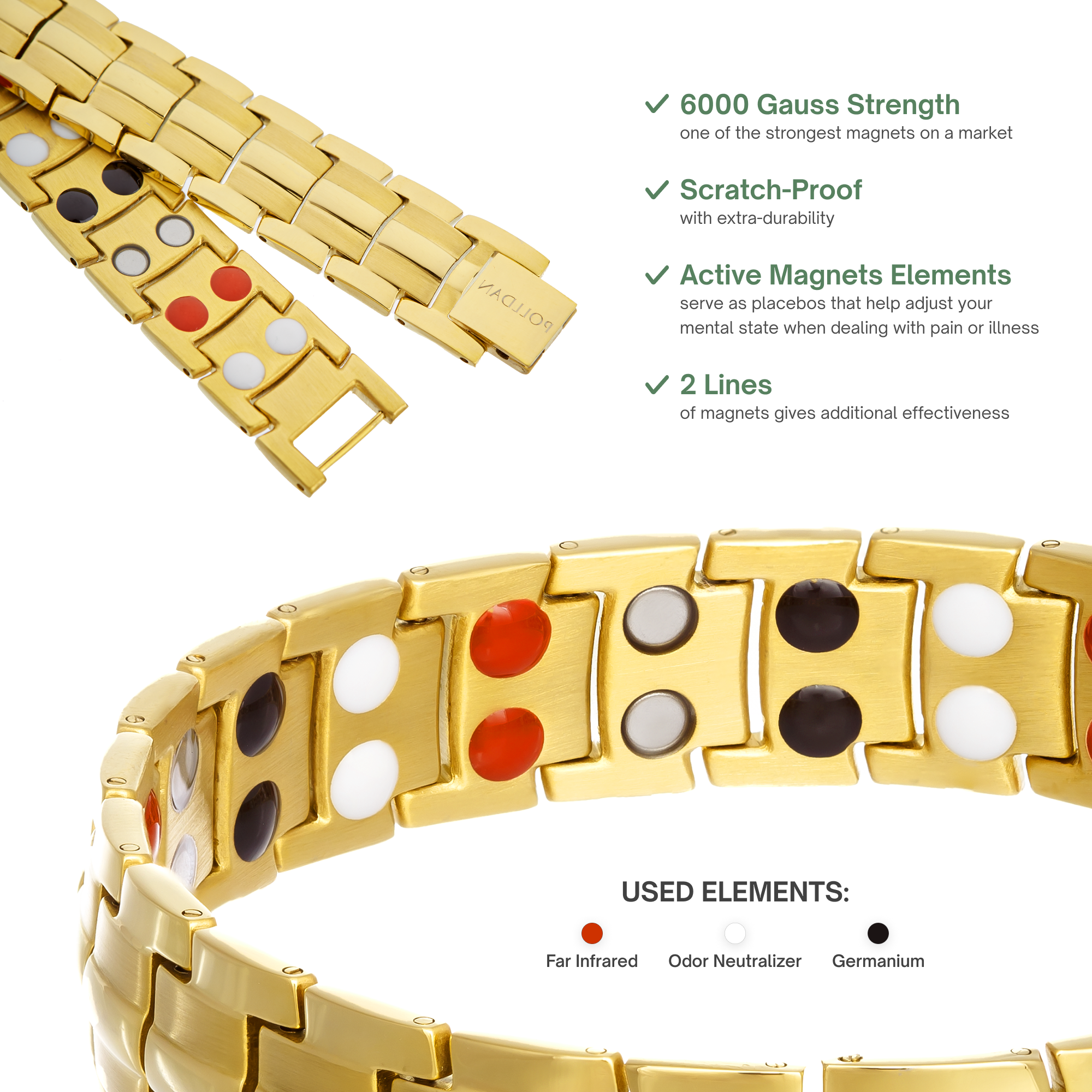 Polldan Magnetic Bracelets For Men 6000 Gauss Power | Mens Bracelet (Pure Gold)