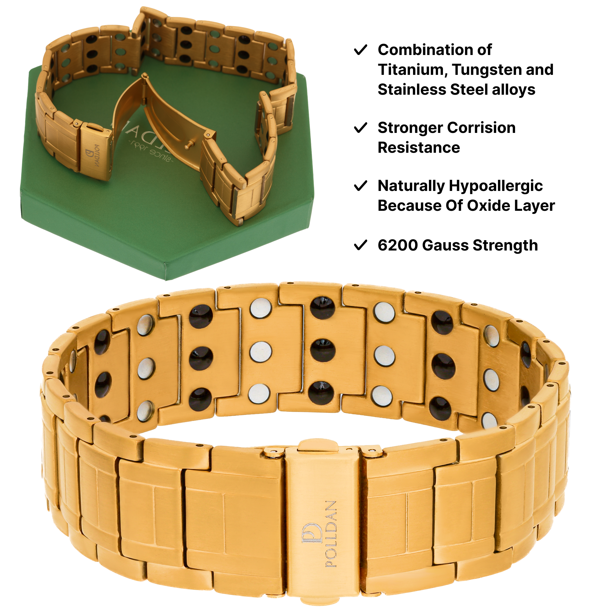 Polldan Magnetic Bracelets For Men 3X Power - 6200 Gauss (Pure Gold)