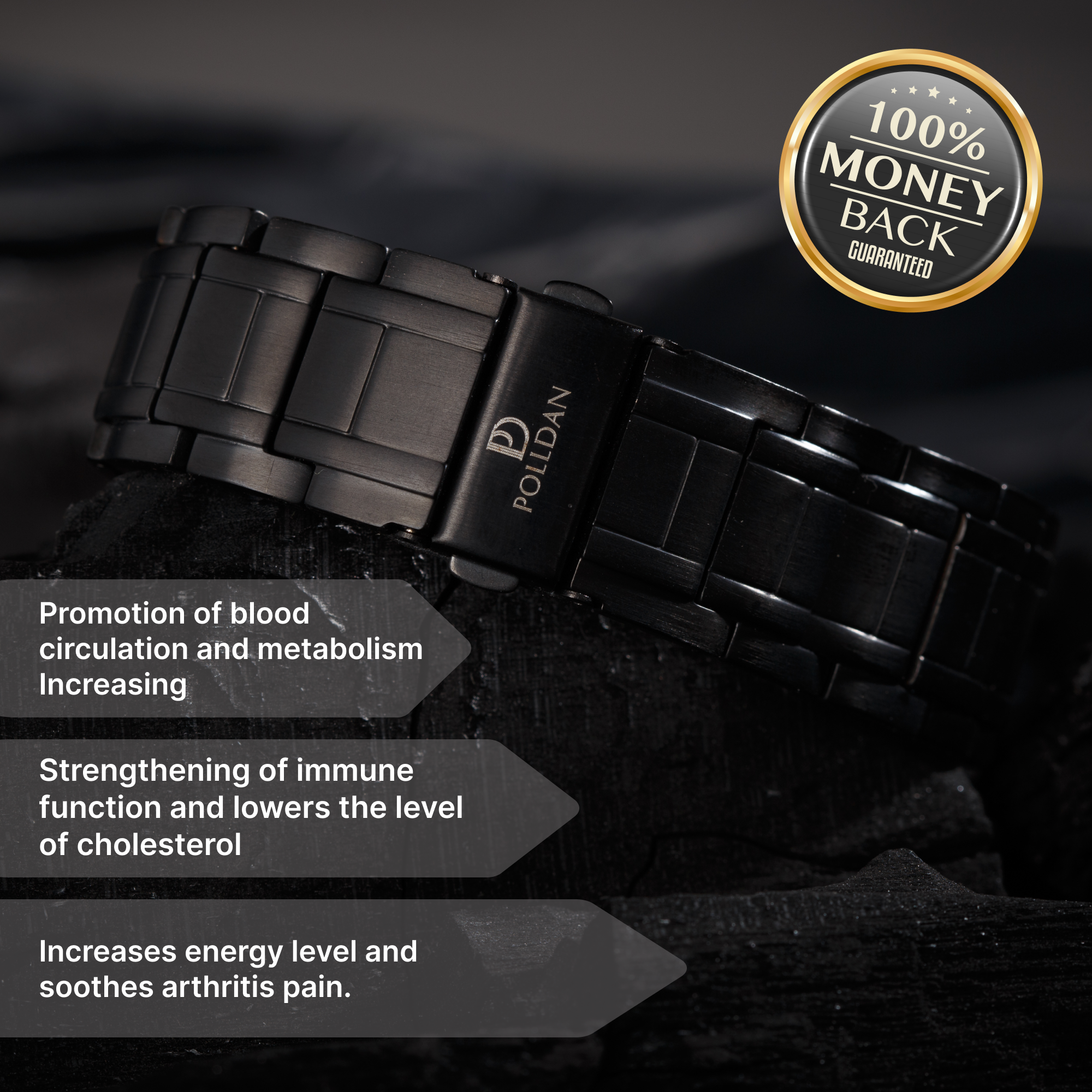 Polldan Magnetic Bracelets For Men 3X Power - 6200 Gauss (Night Black)