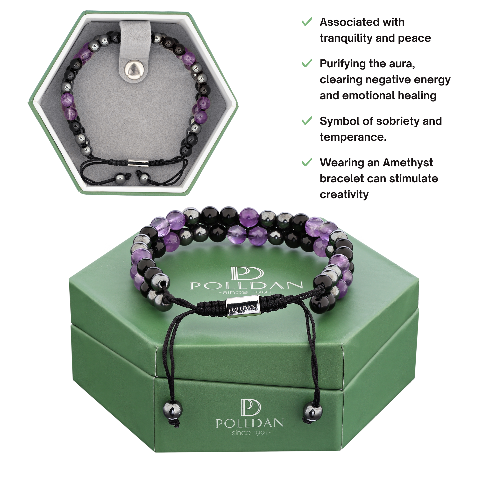 Polldan Unisex Amethyst Beaded Bracelet - Healing & Stylish Jewelry