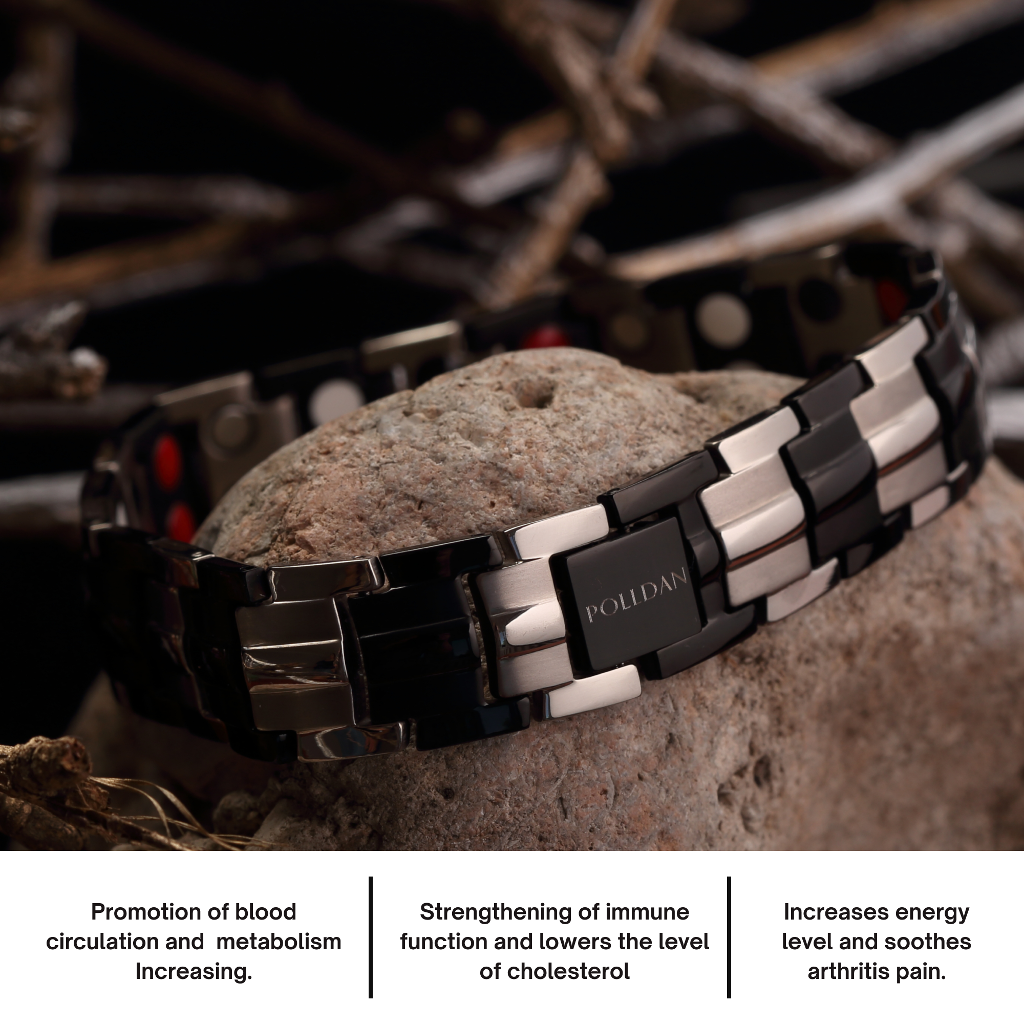Polldan Magnetic Bracelets For Men 6000 Gauss Power | Mens Bracelet (Silver-Black)
