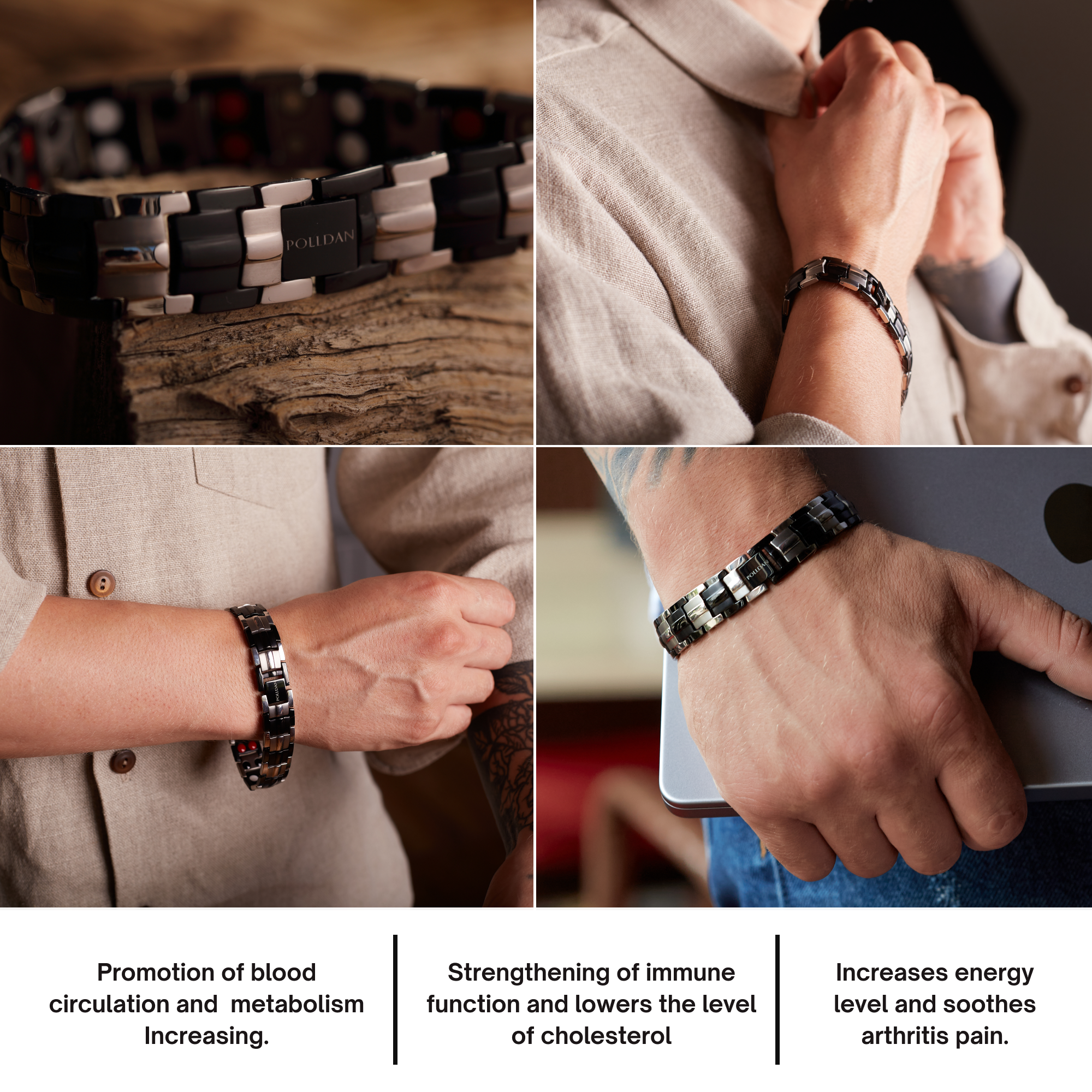 Polldan Magnetic Bracelets For Men 6000 Gauss Power | Mens Bracelet (Silver-Black)
