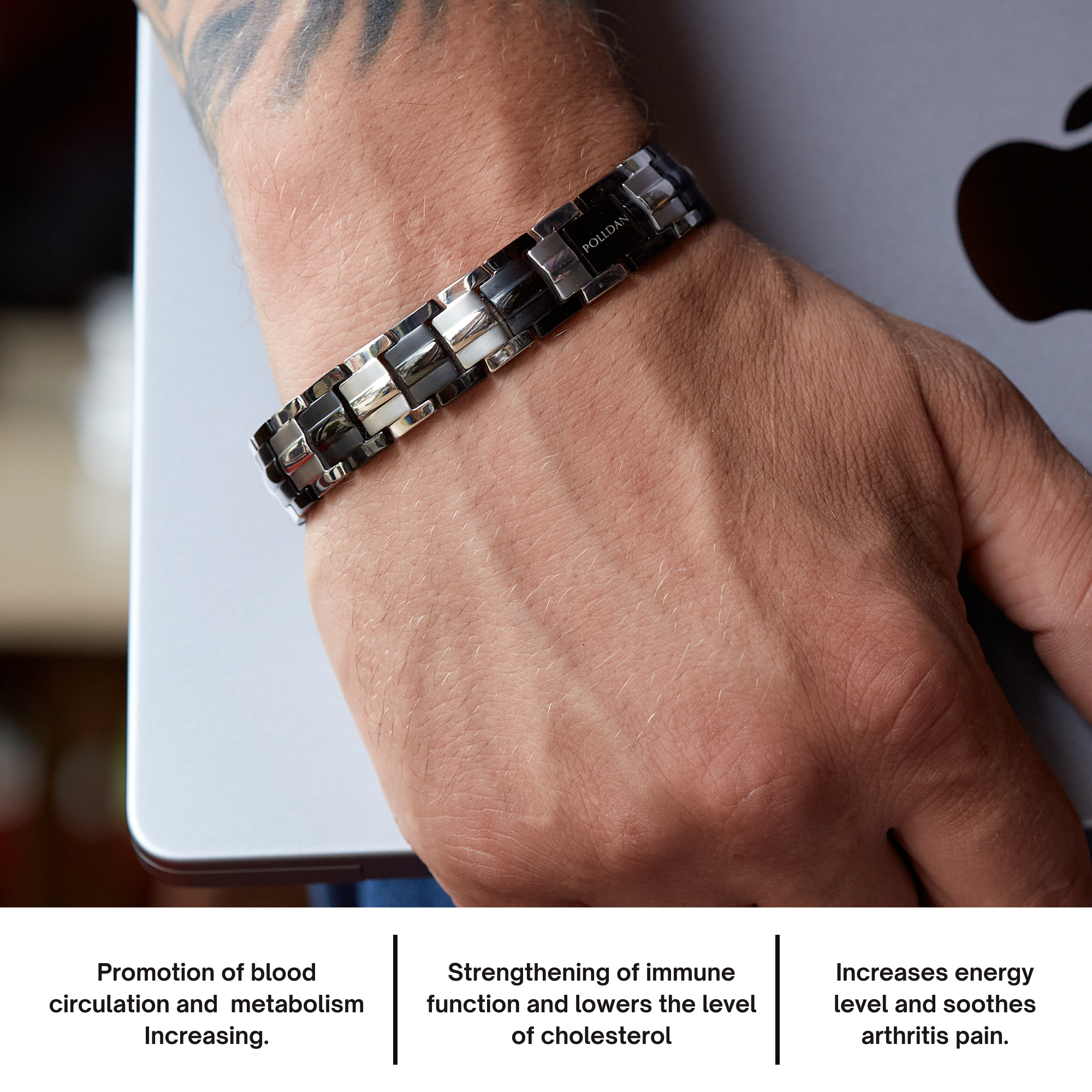 Polldan Magnetic Bracelets For Men 6000 Gauss Power | Mens Bracelet (Silver-Black)