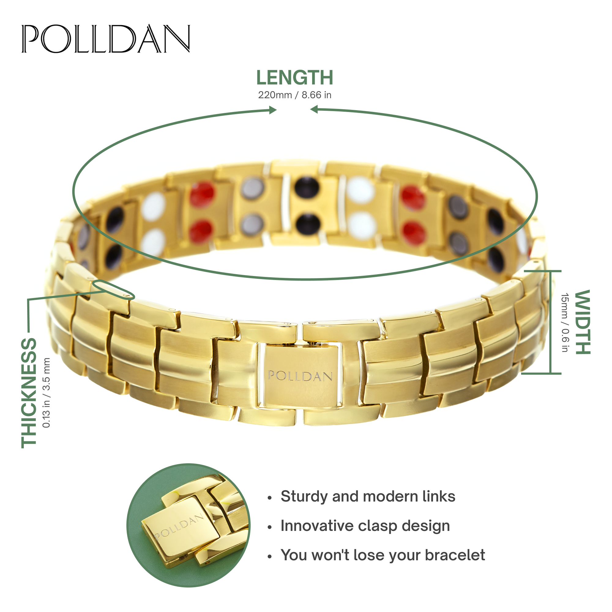 Polldan Magnetic Bracelets For Women - 6000 Gauss Natural Pain Relief (Gold)