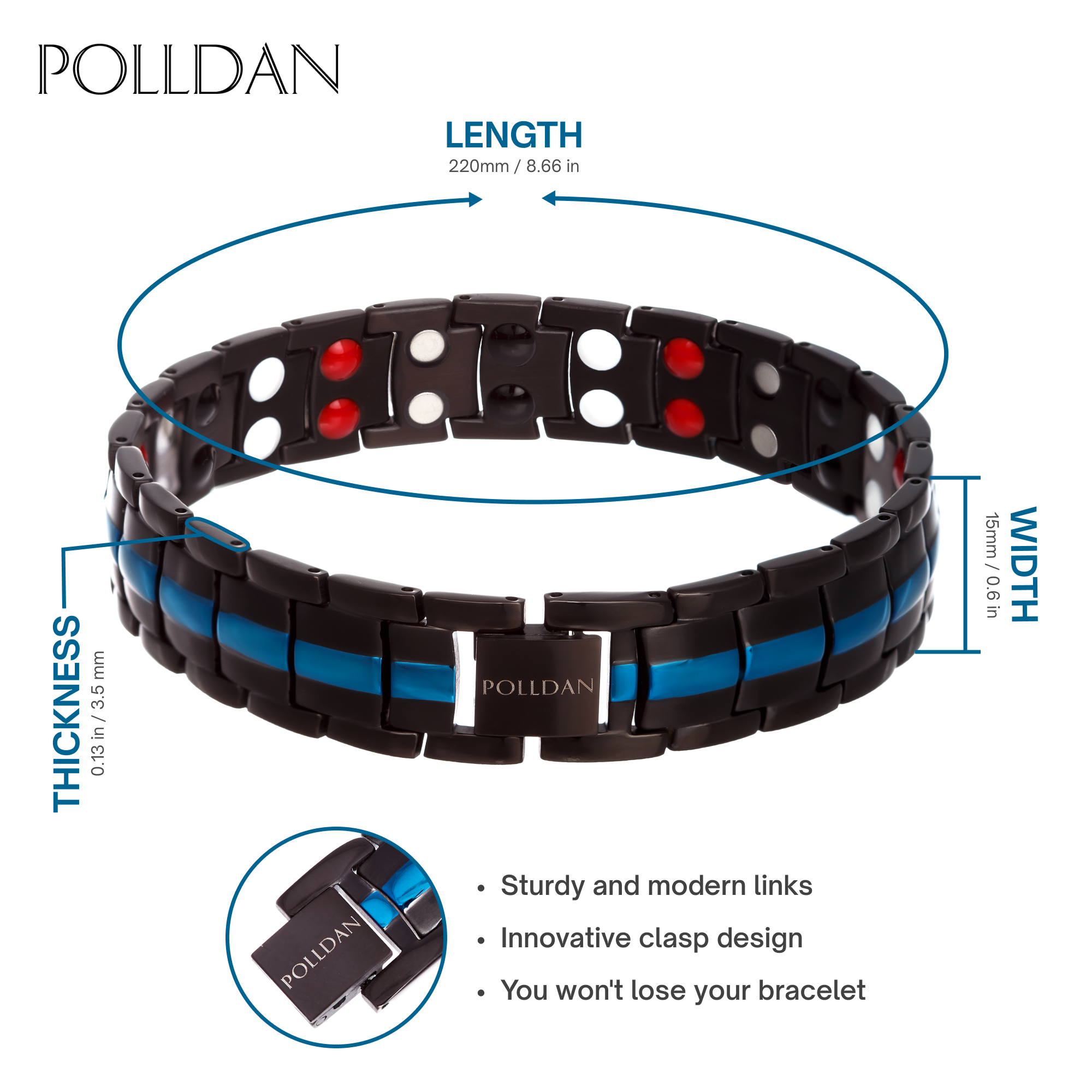 Polldan Magnetic Bracelets For Men 6000 Gauss Power | Mens Bracelet (Black-Blue)