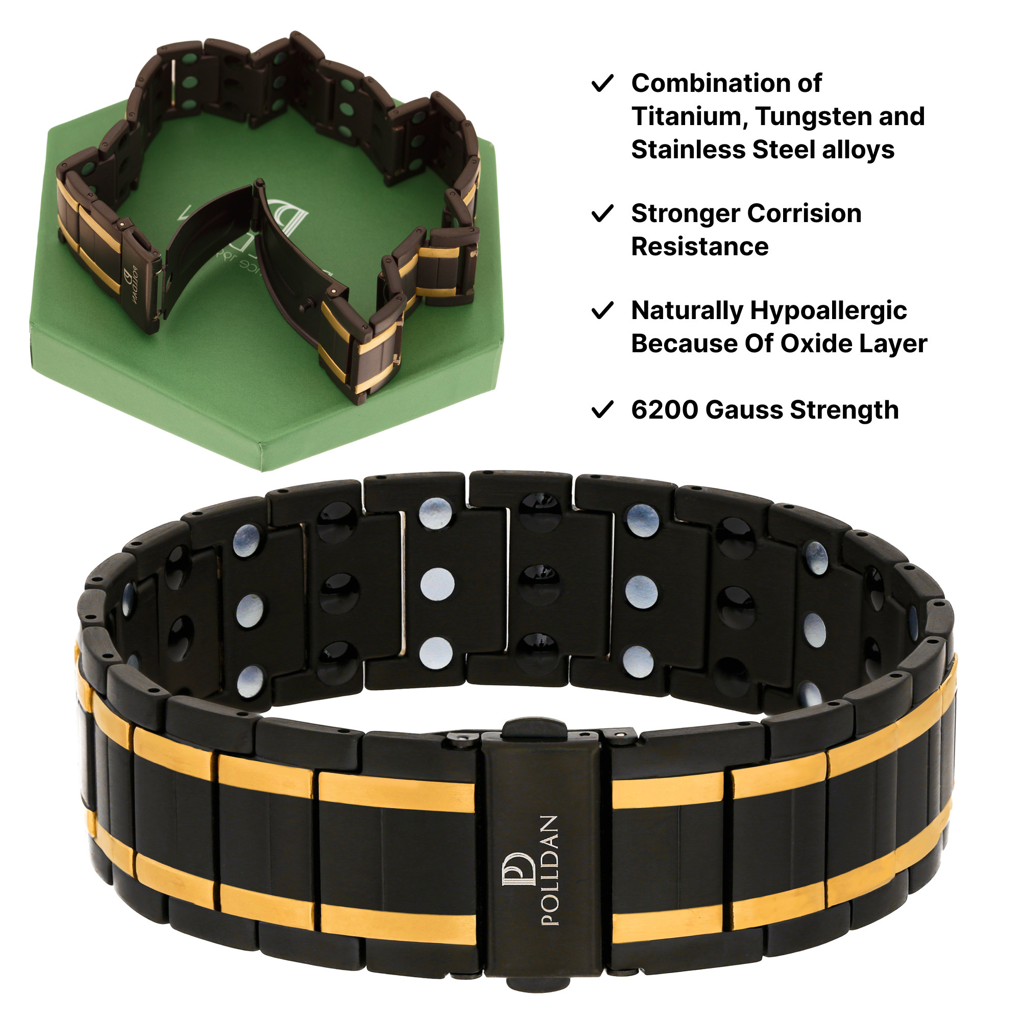 Polldan Magnetic Bracelets For Men 3X Power - 6200 Gauss (Black-Gold)