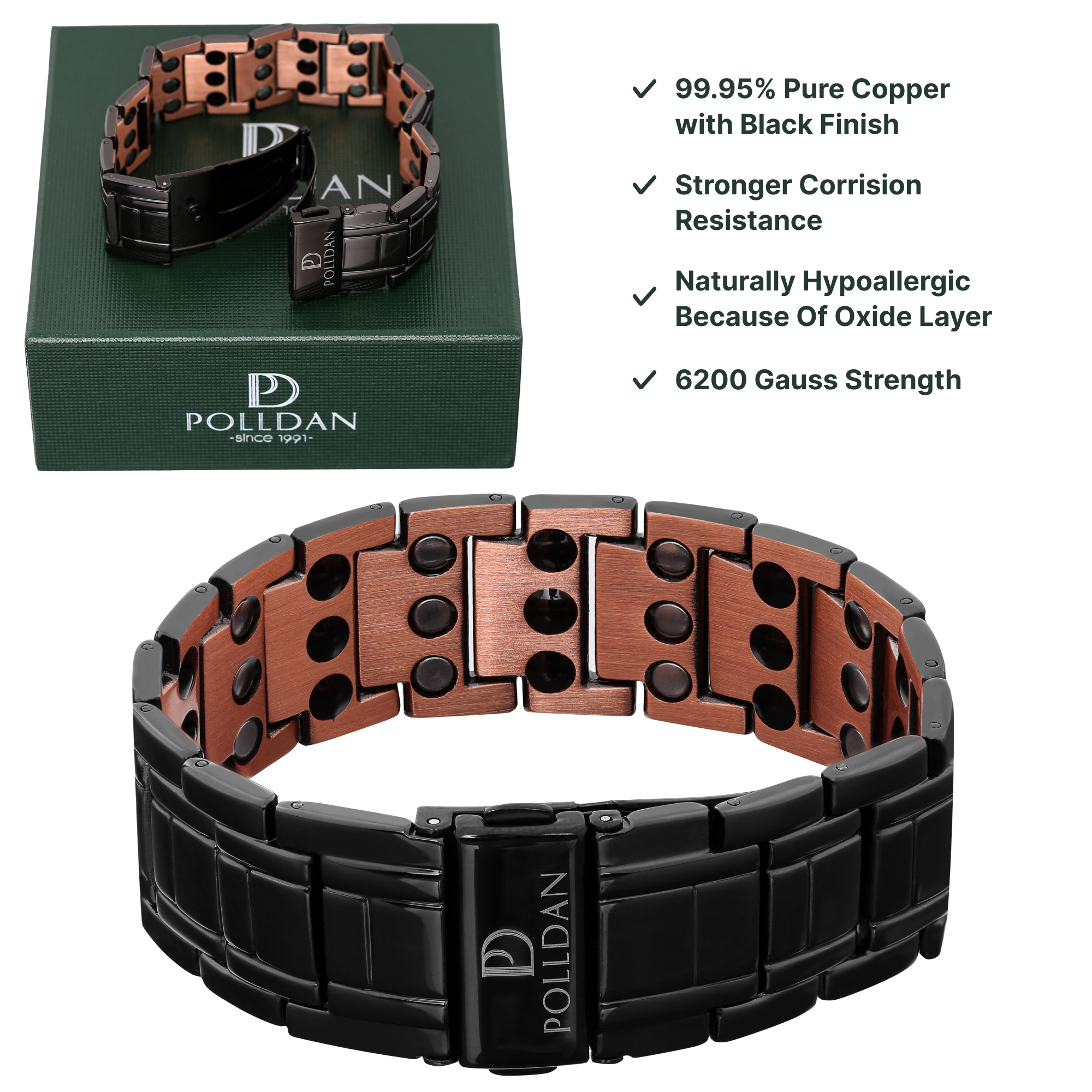 Polldan Black Copper Magnetic Bracelet For Men | 3X Power (6200 Gauss)