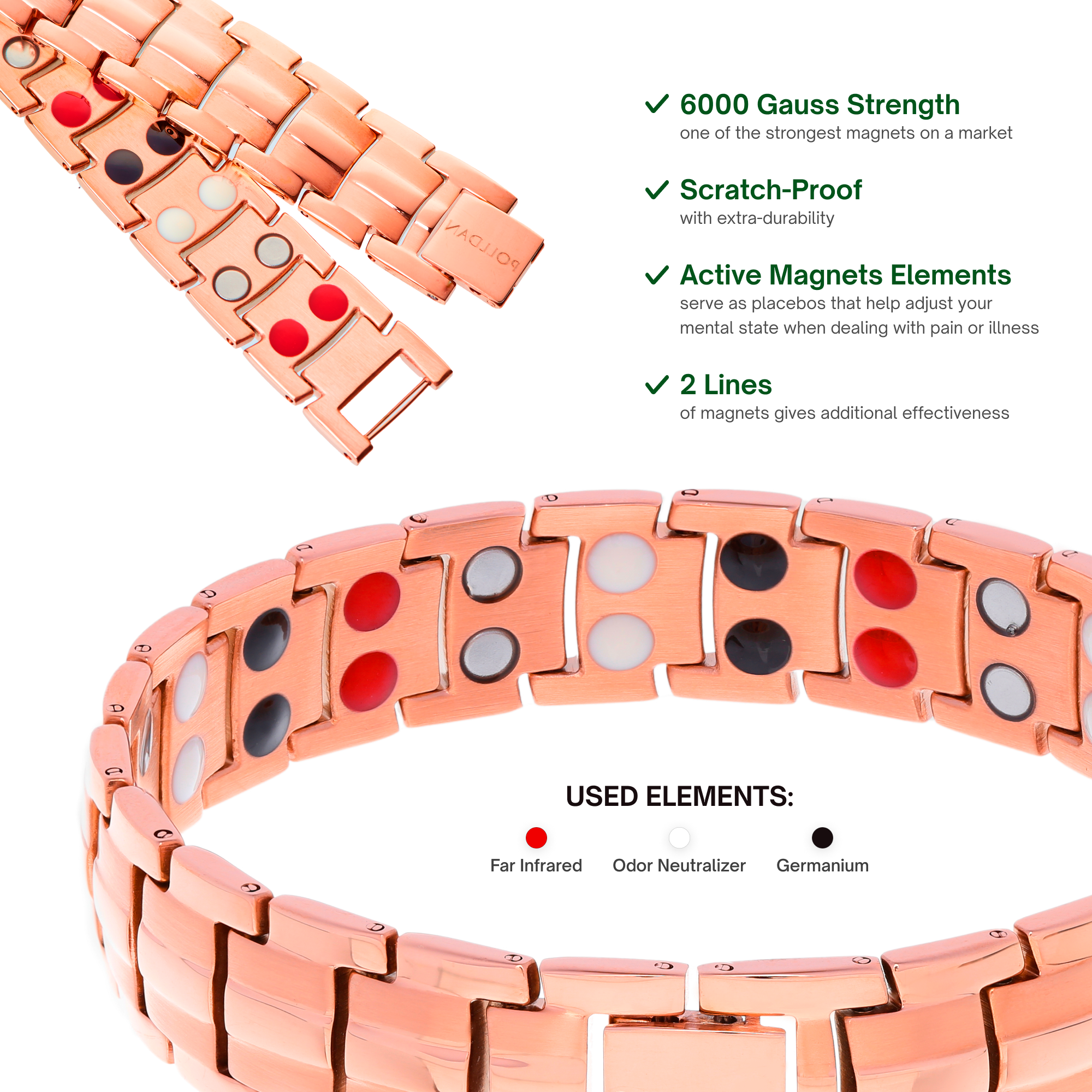 Polldan Magnetic Bracelets For Women - 6000 Gauss Natural Pain Relief (Rose Gold)