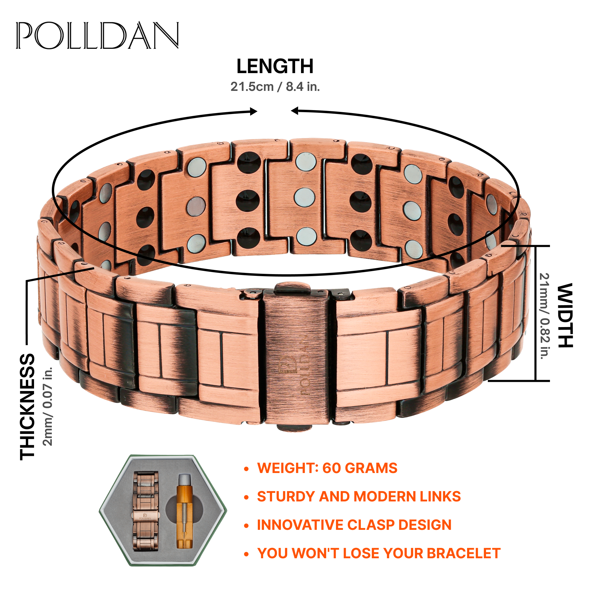 Polldan Copper Magnetic Bracelet For Men | 3X Power (6200 Gauss)