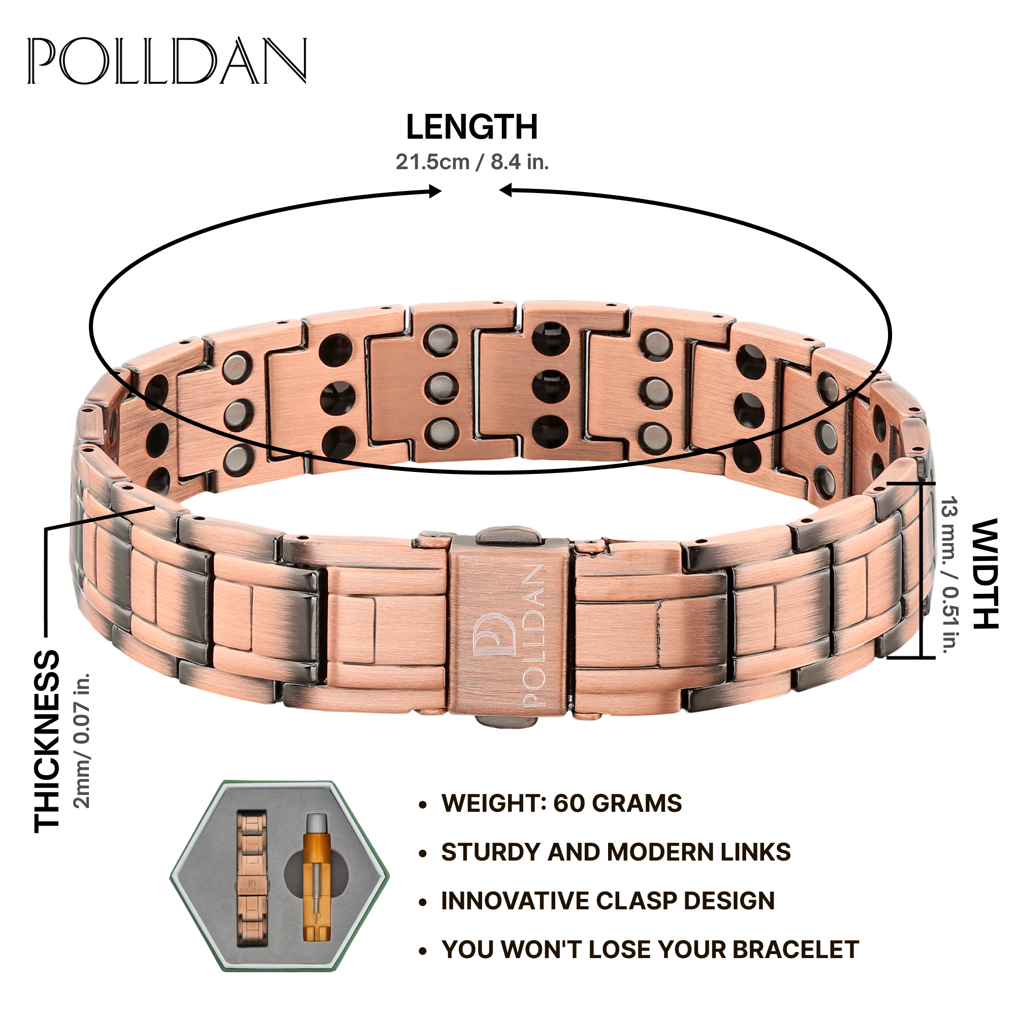 Polldan Copper Magnetic Bracelet For Women - 3X Power 6200 Gauss