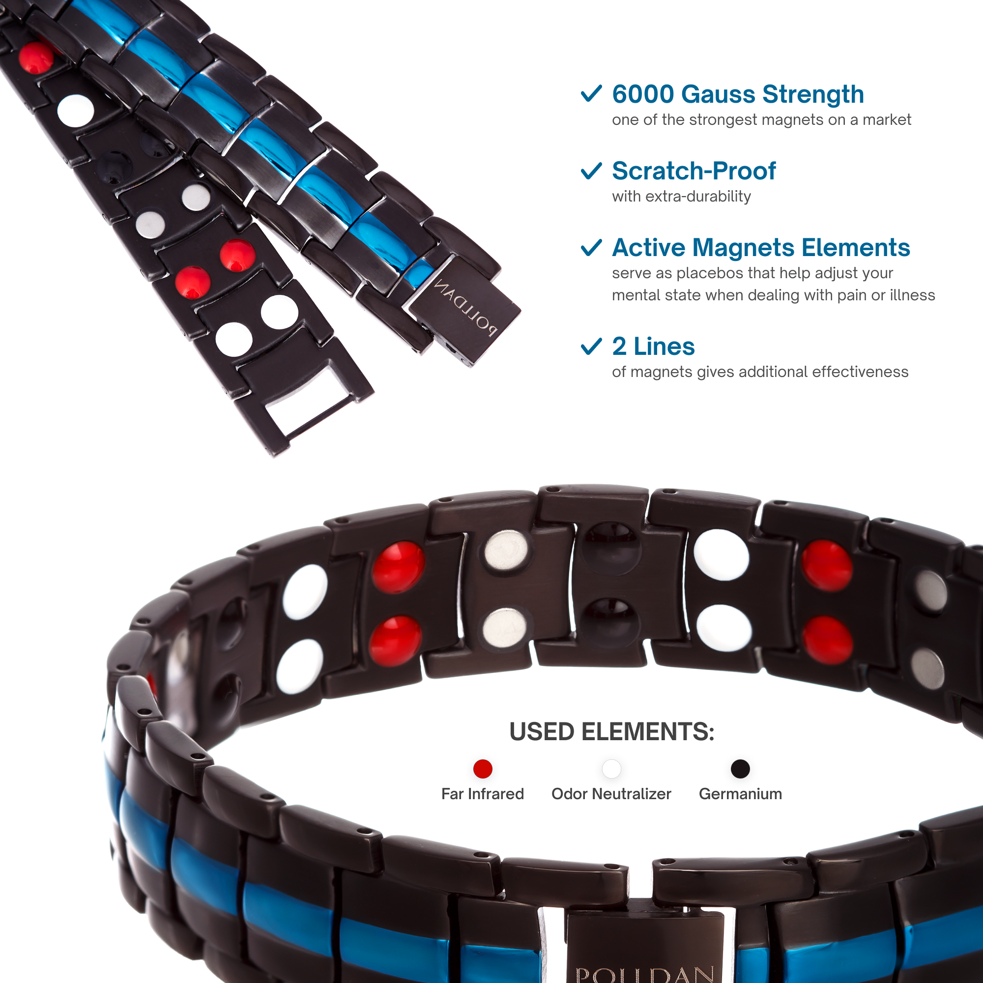 Polldan Magnetic Bracelets For Men 6000 Gauss Power | Mens Bracelet (Black-Blue)