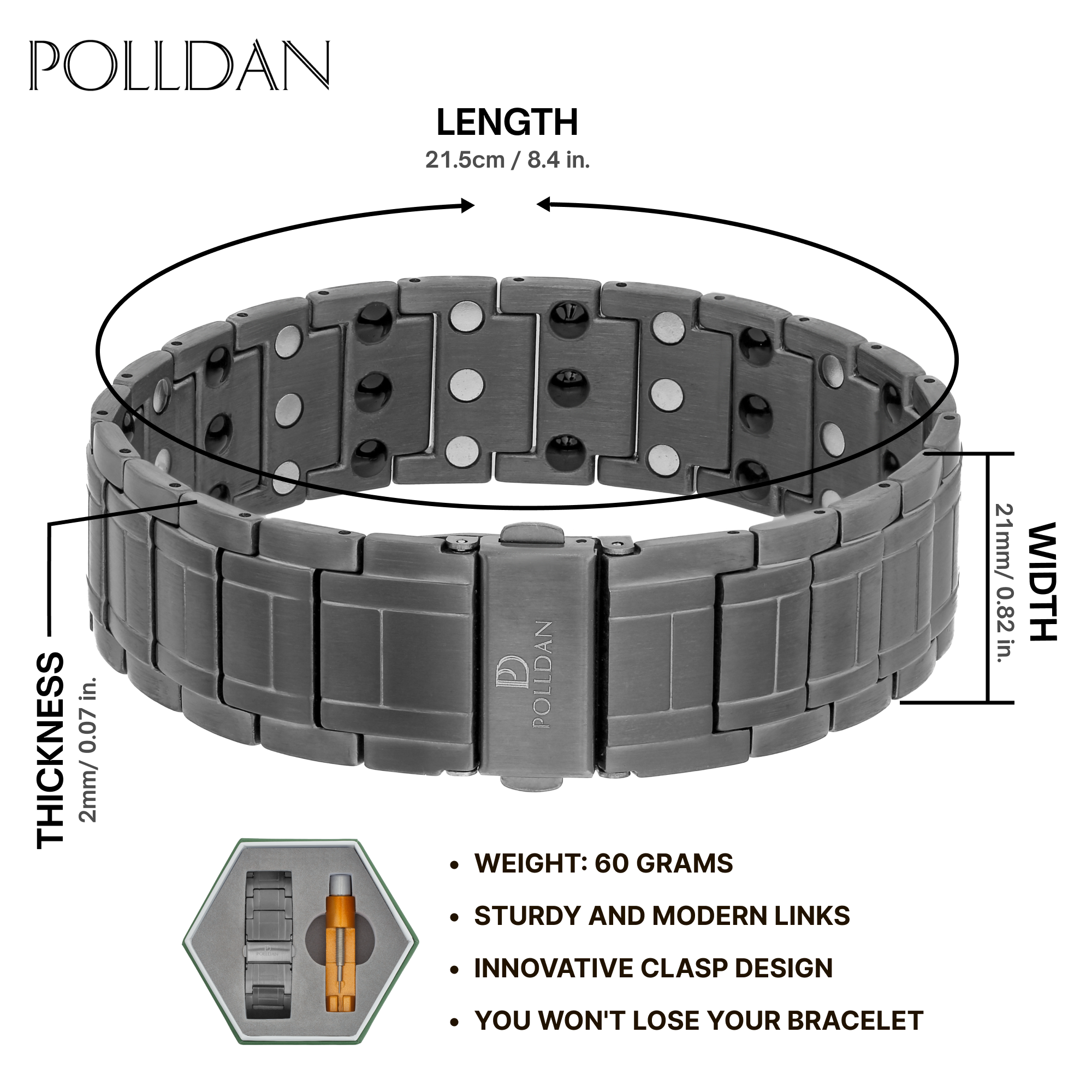 Polldan Magnetic Bracelets For Men 3X Power - 6200 Gauss (Gunmetal)