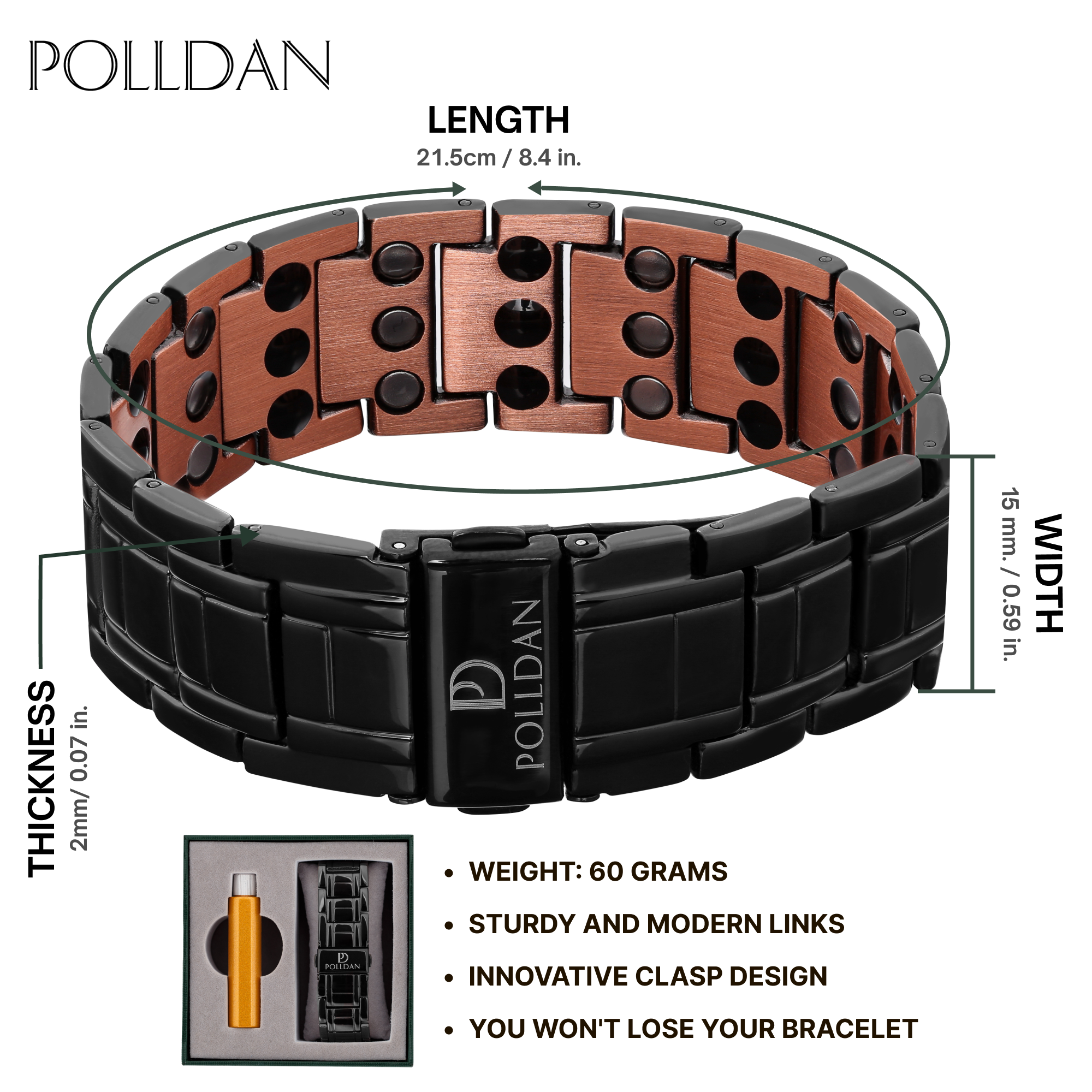 Polldan Black Copper Magnetic Bracelet For Men | 3X Power (6200 Gauss)