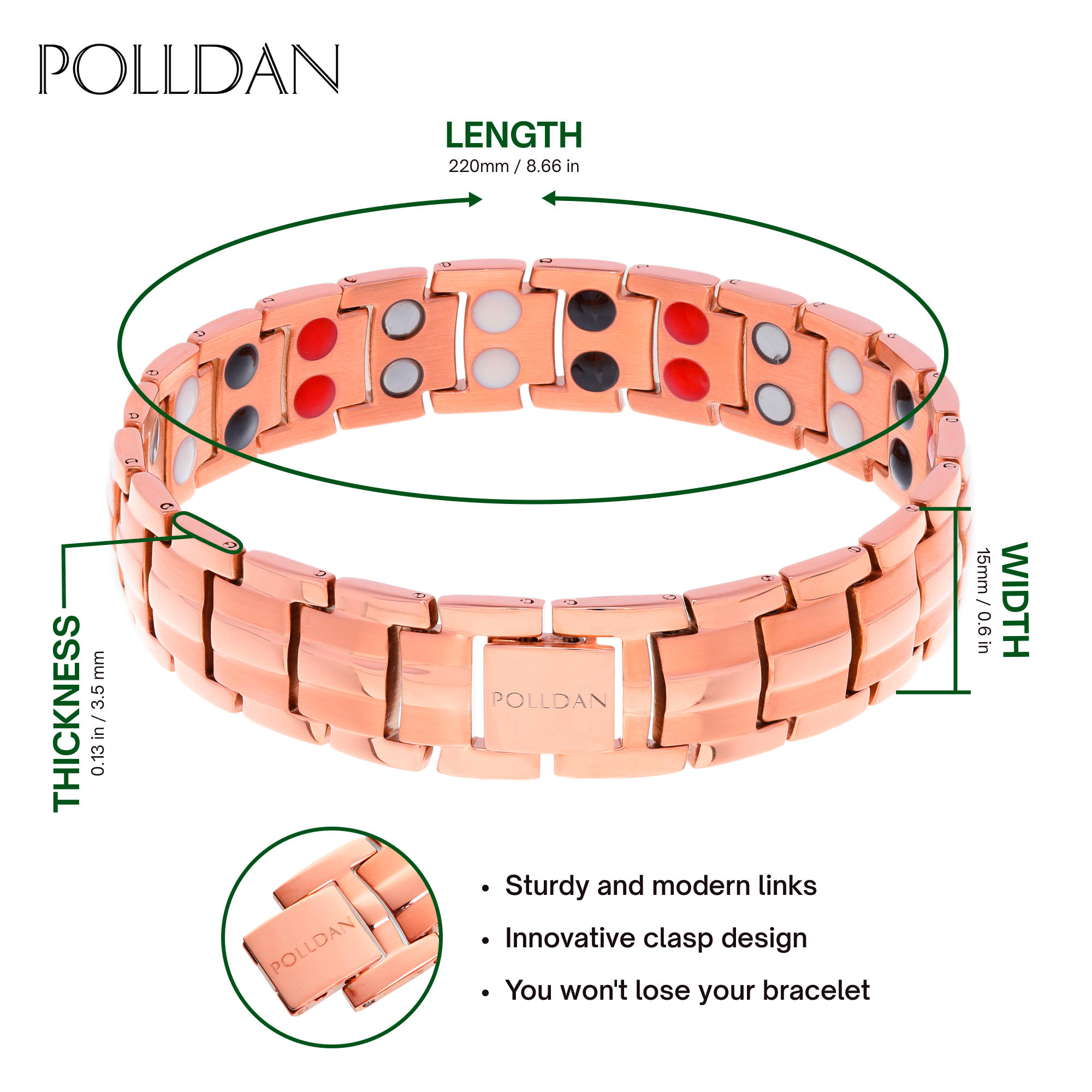 Polldan Magnetic Bracelets For Women - 6000 Gauss Natural Pain Relief (Rose Gold)