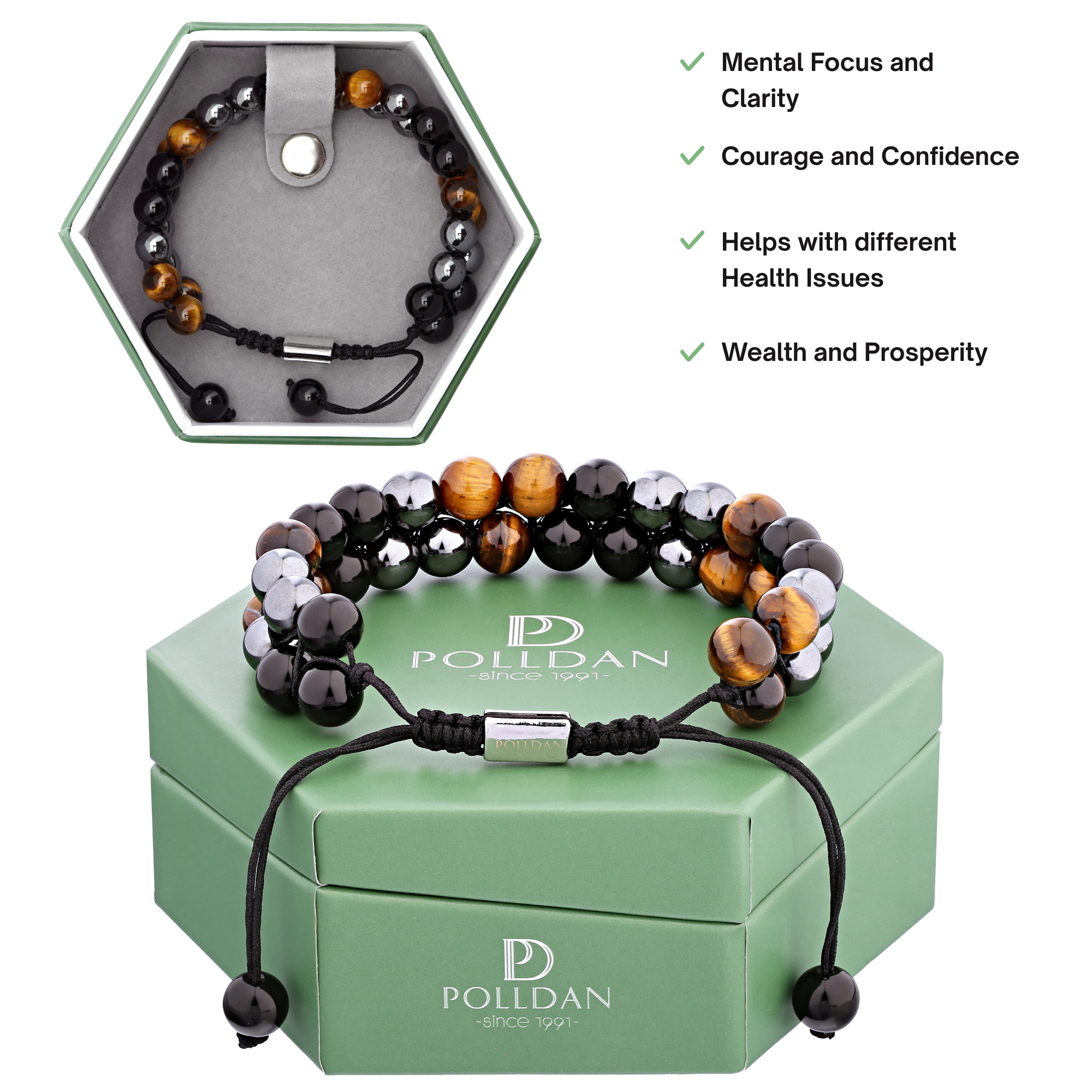 Polldan Tiger Eye Bracelet For Men & Women - Protection Energy Jewelry